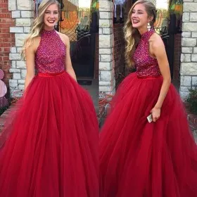Sparkly red diamond crystals high neck tulle designer prom ball gown