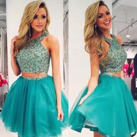 Bedazzled turquoise diamond two piece tulle short cocktail dress