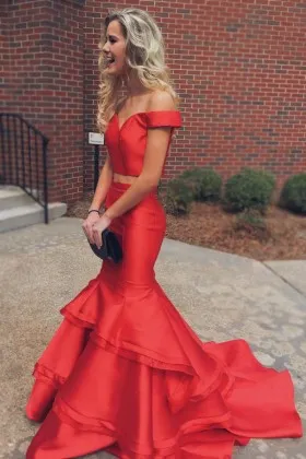 sleek red satin off the shoulder two piece tiered mermaid formal gown