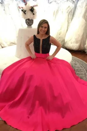 Beaded black and fuchsia satin unique sleeveless long prom gown