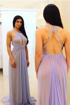 Diamond wide straps open back lavender chiffon overlay long prom dress