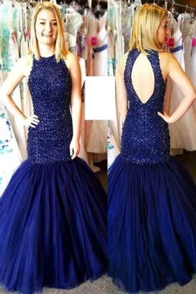 Fully beading royal blue dropped waist trumpet tulle formal gown