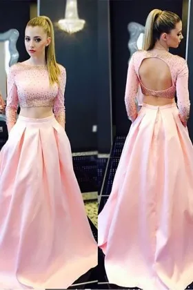 gold beading embellished candy pink two piece chic sleeved prom dress