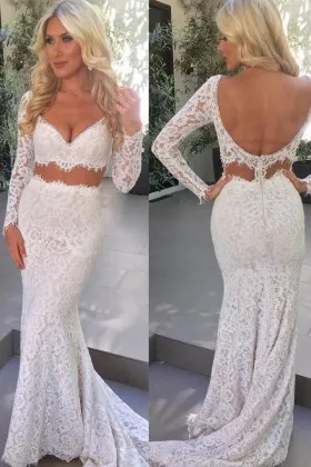 Scalloped ivory lace two piece mermaid designer long sleeve bridal formal gown