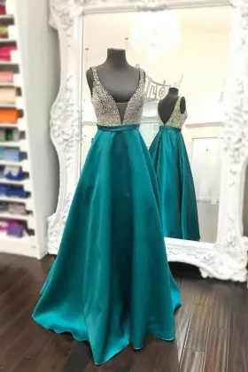 Sparkly silver beading teal satin plunging neckline military ball prom dress