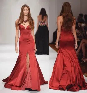 Crimson satin split trumpet floor length designer long prom formal dress