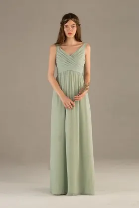 Sage green chiffon sleeveless V neck A line long simple bridesmaid dress