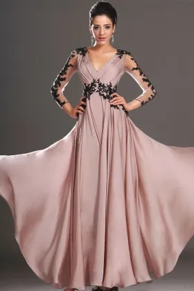 Black lace appliqued champagne nude V neck long sleeve evening prom dress