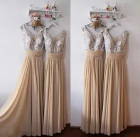 Sparkly silver sequin and sand chiffon A line long bridesmaid dresses