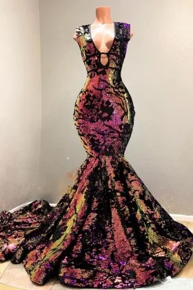 Sparkly galaxy color sequin on black mesh mermaid long prom dress