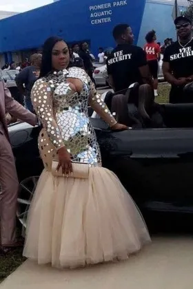 Unique silver mirror sequin long sleeve nude tulle plus size prom dress