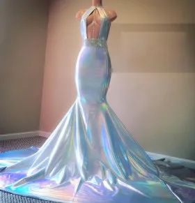 Bedazzled shiny fabric open bodice glitter sash trumpet long train prom dress