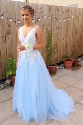 Beautiful white lace appliqued sky blue tulle floor length formal dress
