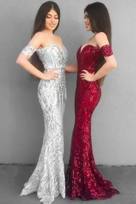 Sparkly silverred sequin off the shoulder sweetheart slim mermaid formal dresses