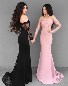 Illusion lace long sleeve feminine off the shoulder mermaid formal dresses