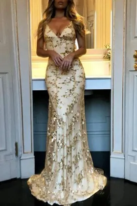 Glistering gold hotfix sequin overlay V neck open back fit and flare prom dress