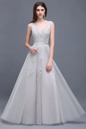 Pretty light gray lace appliqued tulle deep V neck V back A line formal dress