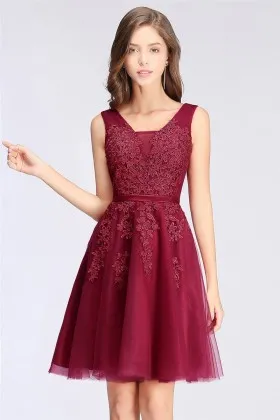 Wine lace and tulle short A line sleeveless cheap cocktail homecoming dress