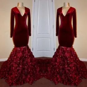 Burgundy velvet long sleeve trumpet 3D rosettes floor length prom dress