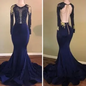 Uniquely navy blue spandex and gold lace mermaid long train prom dress