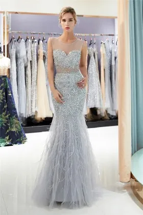 silver gray beads rhinestones with feathers trumpet formal pageant dress