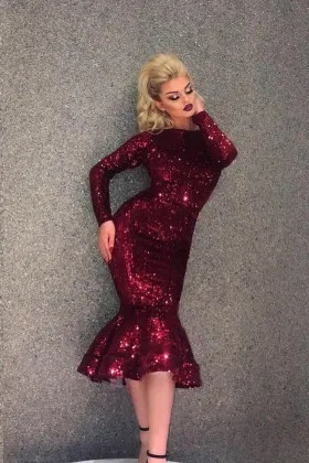 wine sequin fancy long sleeve tea length mermaid prom dress cocktail dress