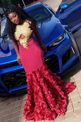 Unique gold lace appliqued wine 3D rosettes mermaid African American prom gown