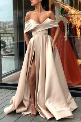 Sexy khaki long prom party dress off the shoulder V neckline thigh high slit