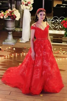 Red lace ball gown engagement formal dress cold shoulder V neckline