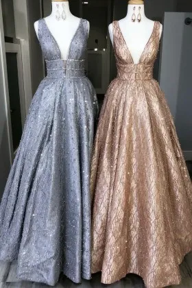 sparkly hotfix with pearls plunging neckline formal gowns
