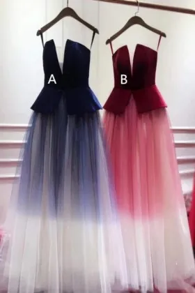 Glamorous navy bluered to white ombre satin and tulle long prom dresses