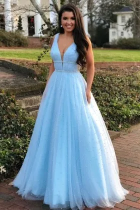 Pearls embellished sky blue satin and tulle designer long prom dress