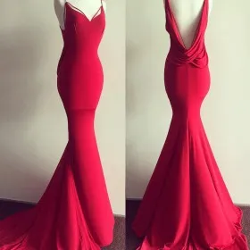 Stylish cowl open back and spaghetti straps red mermaid long prom dress