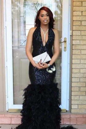 Classy black sequin with feather halter mermaid long gala prom dress