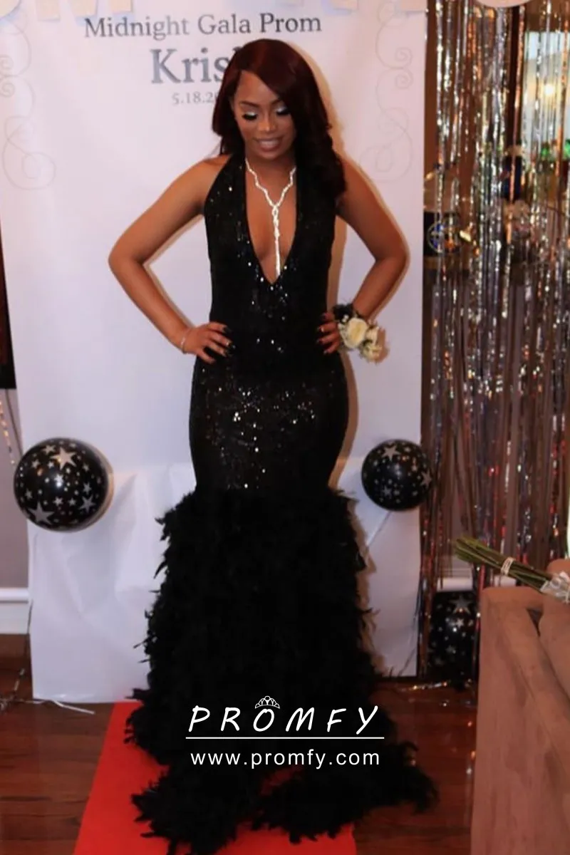 Feather Halter Mermaid Prom Dress 