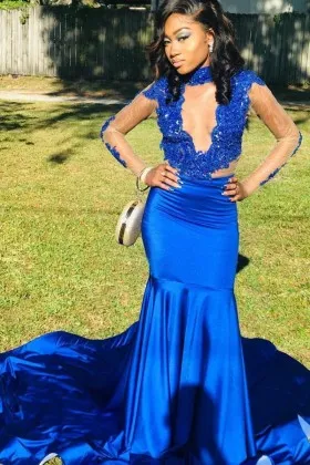 Royal blue lace and satin African American prom dress with illusion long sleeves