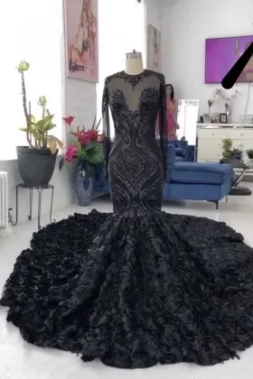Black lace and 3D rosette flowers long train long sleeve prom dress