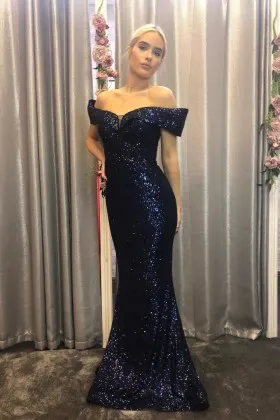 navy sequin off the shoulder mermaid prom dress