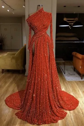 Dazzling beading red unique double slit prom dress