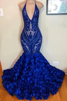 Sequinned royal blue lace rosette trumpet prom gown