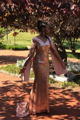 Gold sequin split long sleeve mermaid prom dress