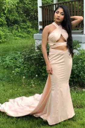 sexy nude satin cut out halter prom dress