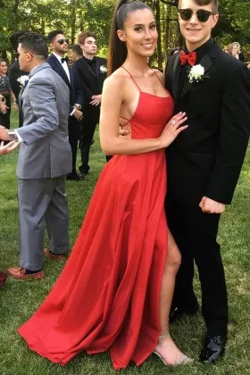 sexy scoop neck spaghetti strap slit red prom dress