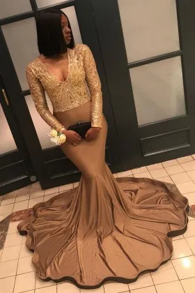 gold sequined mermaid prom dress with long train