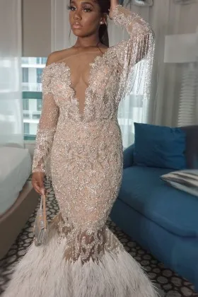 Luxury giltter tassel feather long sleeve prom gown