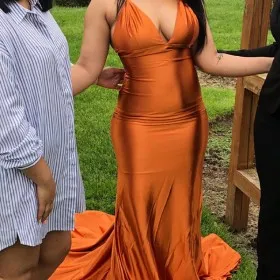 golden rust satin V neck long evening prom gown