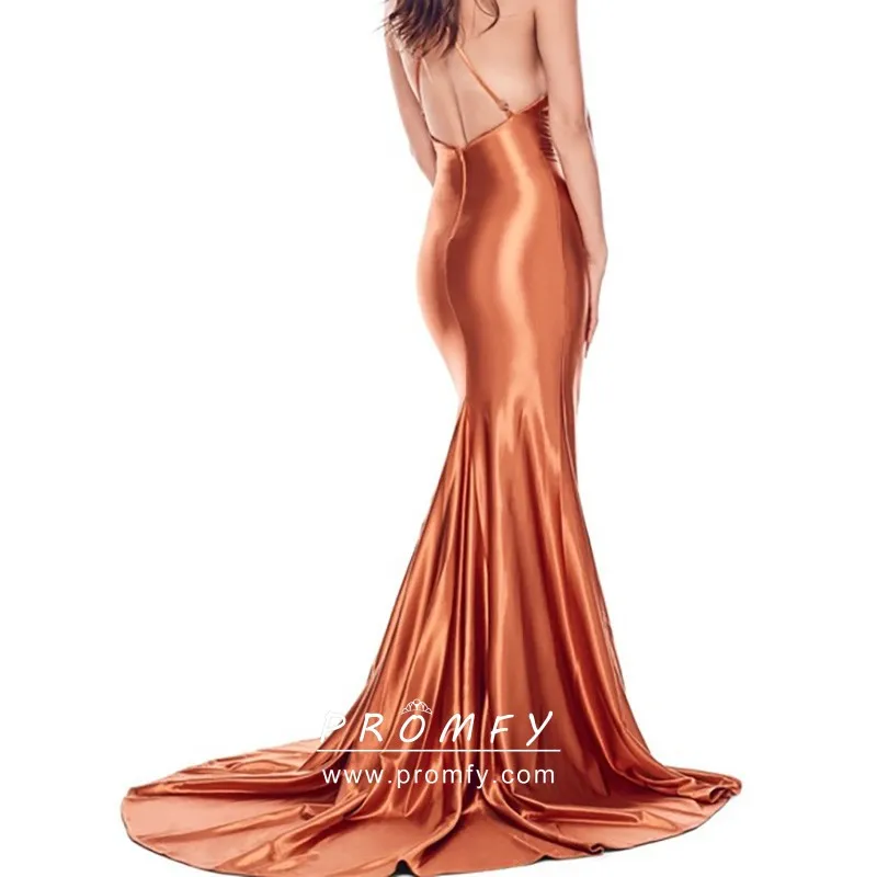 Golden Rust Satin V-neck Long Evening Prom Dress - Promfy