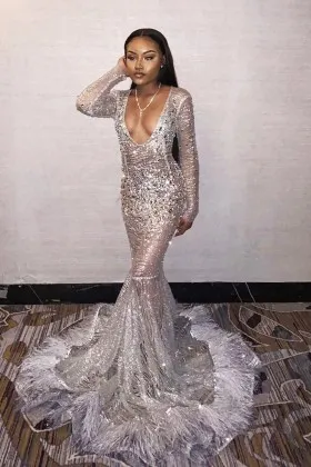 Silver Sequin Sleeved Feather Train Sheer Prom gown