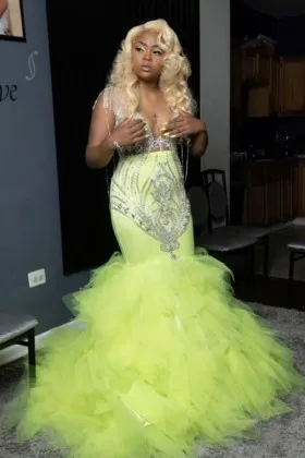 lemon green tiered skirt silver sequin prom dress