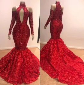 bedazzled red sequin and rosette mermaid prom dress